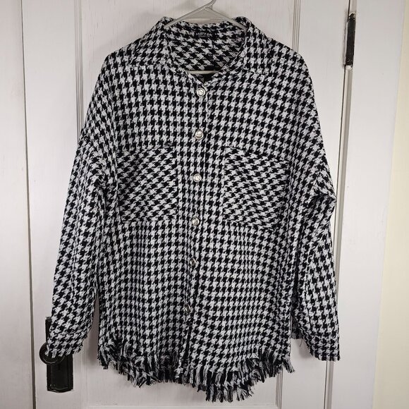 NWT Nasty Gal Size Small Shacket Shirt Jacket Fringe Houndstooth Gingham Top - Picture 1 of 12